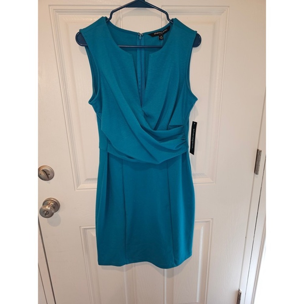 Sharagano Sheath Dress Women 10 Laguna Blue Draped V-Neck Sleeveless HW3S151N8